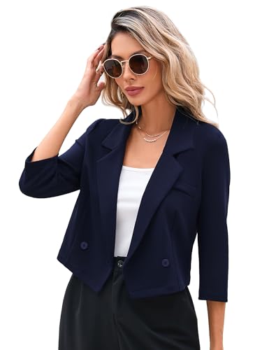 KOJOOIN Blazer Damen Leicht Cropped Business Blazerjacke Casual Offene Blazer 3/4 Ärmel kurz Arbeit Büro Jacke Marineblau L von KOJOOIN