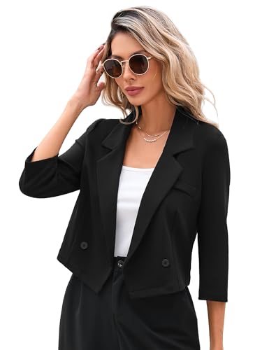 KOJOOIN Blazer Damen Leicht Cropped Business Blazerjacke Casual Offene Blazer 3/4 Ärmel kurz Arbeit Büro Jacke Schwarz S von KOJOOIN