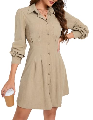 KOJOOIN Blusenkleid Damen Langarm Corduroy Hemdkleid A-Linien Tunika Kleid Minilänge Cordkleid mit Tasche und Knopfleiste Cremefarben S von KOJOOIN