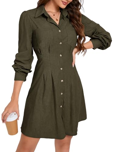 KOJOOIN Blusenkleid Damen Langarm Corduroy Hemdkleid A-Linien Tunika Kleid Minilänge Cordkleid mit Tasche und Knopfleiste Dunkelgrün L von KOJOOIN