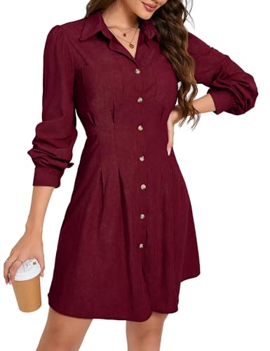 KOJOOIN Blusenkleid Damen Langarm Corduroy Hemdkleid A-Linien Tunika Kleid Minilänge Cordkleid mit Tasche und Knopfleiste Weinrot L von KOJOOIN