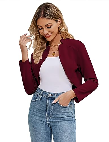 KOJOOIN Bolero Damen festlich Jäckchen Langarm Strickjacke Elegant Kurze Cardigan Shrug Top (Verpackung MEHRWEG), Weinrot, L von KOJOOIN