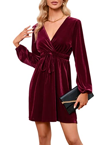 KOJOOIN Damen Samtkleid Causal Velvet Retro Kleid Elegant Abendkleid Sexy V Ausschnitt Partykleid Cocktailkleid Winterkleid Weinrot XXL von KOJOOIN