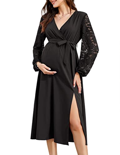 KOJOOIN Damen Umstandskleid Langarm Spitze Kleid V-Ausschnitt Umstandsmode Lange Elegante Schwangerschaftskleid Midi Split Partykleid mit Taillengürtel (Verpackung MEHRWEG), A-Dunkelgrau, XL von KOJOOIN