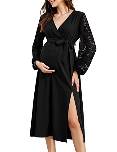 KOJOOIN Damen Umstandskleid Langarm Spitze Kleid V-Ausschnitt Umstandsmode Lange Elegante Schwangerschaftskleid Midi Split Partykleid mit Taillengürtel (Verpackung MEHRWEG), A-Schwarz, L von KOJOOIN