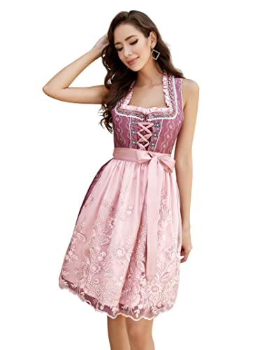 KOJOOIN Dirndl Damen 2tlg.Trachtenkleid Mid Dirndl Kurz mit Spitzenschürze für Oktoberfest Tiefes Rosa(High-End) 36 von KOJOOIN