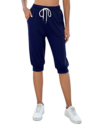 KOJOOIN Damen 3/4 Sporthose Kurze Jogginghose Sommerhose Loose Trainingshose mit Taschen und Kordelzug, für Jogging Fitness Baumwolle Freizeithose Dunkelblau L von KOJOOIN