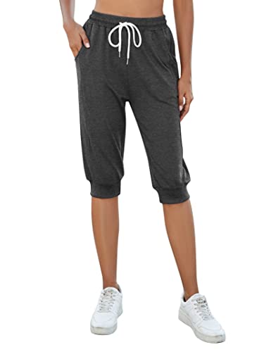 KOJOOIN Damen 3/4 Sporthose Kurze Jogginghose Sommerhose Loose Trainingshose mit Taschen und Kordelzug, für Jogging Fitness Baumwolle Freizeithose Dunkelgrau L von KOJOOIN