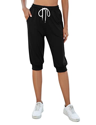 KOJOOIN Damen 3/4 Sporthose Kurze Jogginghose Sommerhose Loose Trainingshose mit Taschen und Kordelzug, für Jogging Fitness Baumwolle Freizeithose Schwarz L von KOJOOIN