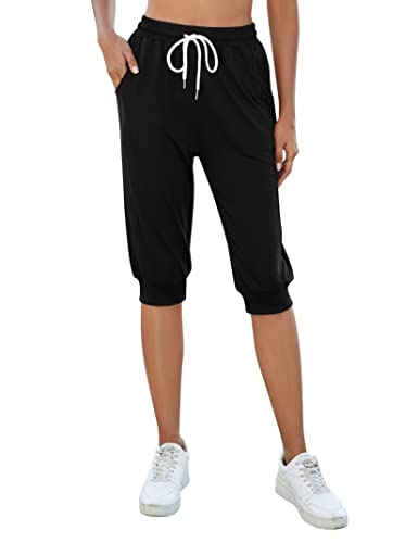KOJOOIN Damen 3/4 Sporthose Kurze Jogginghose Sommerhose Loose Trainingshose mit Taschen und Kordelzug, für Jogging Fitness Baumwolle Freizeithose Schwarz M von KOJOOIN