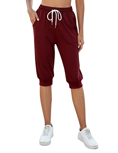 KOJOOIN Damen 3/4 Sporthose Kurze Jogginghose Sommerhose Loose Trainingshose mit Taschen und Kordelzug, für Jogging Fitness Baumwolle Freizeithose Weinrot S von KOJOOIN