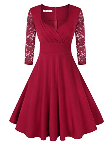 KOJOOIN Damen 50er Vintage Kleid Retro/Cocktailkleid/Abendkleid/Ballkleid Rockabilly V-Ausschnitt Kleid Knielang Langarm Bordeaux Weinrot L von KOJOOIN