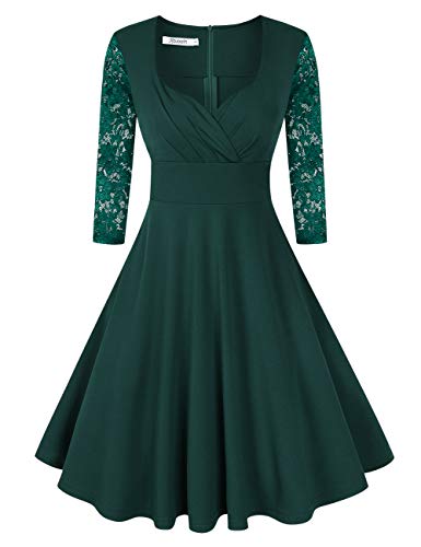 KOJOOIN Damen 50er Vintage Kleid Retro/Cocktailkleid/Abendkleid/Ballkleid Rockabilly V-Ausschnitt Kleid Knielang Langarm Dunkelgrün S von KOJOOIN