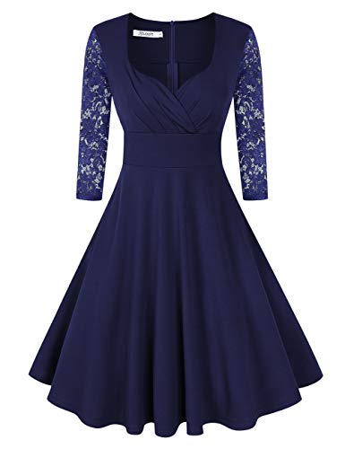 KOJOOIN Damen 50er Vintage Kleid Retro/Cocktailkleid/Abendkleid/Ballkleid Rockabilly V-Ausschnitt Kleid Knielang Langarm Navyblau Dunkelblau M von KOJOOIN