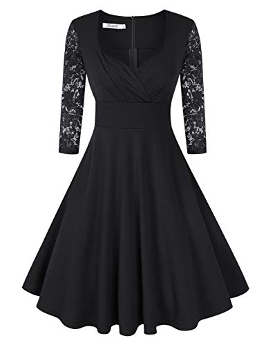 KOJOOIN Damen 50er Vintage Kleid Retro/Cocktailkleid/Abendkleid/Ballkleid Rockabilly V-Ausschnitt Kleid Knielang Langarm Schwarz XL von KOJOOIN