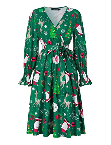 KOJOOIN Damen A Linie Kleider Weihnachtskleid Festliches Partykleid Casual Knielang Swing Abendkleid Freizeitkleider（Verpackung MEHRWEG）,Grün,XXL von KOJOOIN