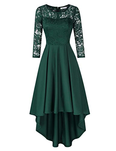 KOJOOIN Damen Abendkleider/Cocktailkleid/Brautjungfernkleider für Hochzeit Unregelmässiges Kurzes Spitzenkleid Langarm Dunkelgrün XXL von KOJOOIN