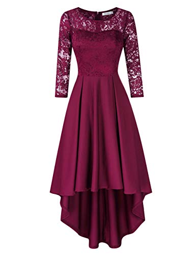 KOJOOIN Damen Abendkleider/Cocktailkleid/Brautjungfernkleider für Hochzeit Unregelmässiges Kurzes Spitzenkleid Langarm Dunkelrot S von KOJOOIN