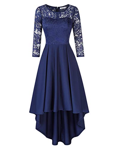 KOJOOIN Damen Abendkleider/Cocktailkleid/Brautjungfernkleider für Hochzeit Unregelmässiges Kurzes Spitzenkleid Langarm Navyblau Dunkelblau XXL von KOJOOIN