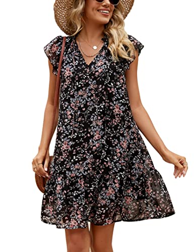 KOJOOIN Damen Babydoll Minikleid Sommer V-Ausschnitt Flatterärmel Boho Floral Flowy Shift Kurzes Kleid, Schwarz, floral, XX-Large von KOJOOIN