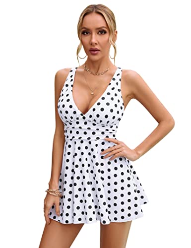 KOJOOIN Damen Badeanzug V-Ausschnitt Badeanzugkleid Bauchweg Badekleid mit Brustpolster Zweiteiliger Swimsuit mit Verstellbarer Schultergürtern (Verpackung MEHRWEG), A-Schwarzpunkt-Weiß, L von KOJOOIN