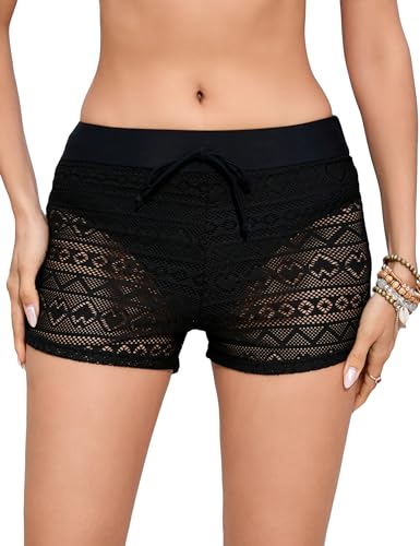 KOJOOIN Damen Bikinihose Schwarz Hohe Taille Spitze Bauchweg Badehose Klassisch Retro Strandhose von KOJOOIN