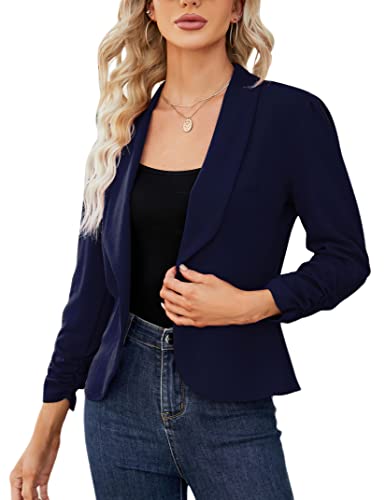 KOJOOIN Damen Blazer 3/4 Arm Jacke Business Revers Blazer Sakko mit Faltigen Ärmeln Slim Fit Blazerjacke Elegant Einfarbig Outwear Geschäft Büro Bolero Jacke (Verpackung MEHRWEG), A-Dunkelblau, XXL von KOJOOIN