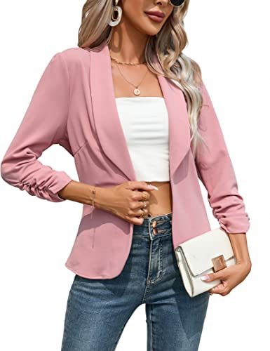 KOJOOIN Damen Blazer 3/4 Arm Jacke Business Revers Blazer Sakko mit Faltigen Ärmeln Slim Fit Blazerjacke Elegant Einfarbig Outwear Geschäft Büro Bolero Jacke (Verpackung MEHRWEG), A-Rosa, M von KOJOOIN