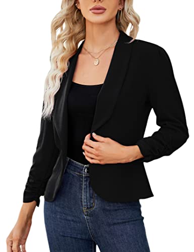 KOJOOIN Damen Blazer 3/4 Arm Jacke Business Revers Blazer Sakko mit Faltigen Ärmeln Slim Fit Blazerjacke Elegant Einfarbig Outwear Geschäft Büro Bolero Jacke (Verpackung MEHRWEG), A-Schwarz, S von KOJOOIN