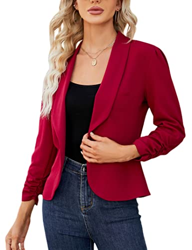 KOJOOIN Damen Blazer 3/4 Arm Jacke Business Revers Blazer Sakko mit Faltigen Ärmeln Slim Fit Blazerjacke Elegant Einfarbig Outwear Geschäft Büro Bolero Jacke (Verpackung MEHRWEG), A-Weinrot, M von KOJOOIN