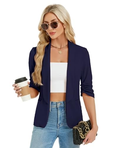KOJOOIN Damen Blazer Casual Elegant Blazerjacke Open Front Business Blazer Jacke Dunkelblau XL von KOJOOIN