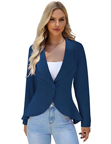 KOJOOIN Damen-Blazer Casual Open Front Cardigan Langarm-Blazer Cardigan Lässiger Arbeits-Blazer Büro-Blazer Anzugjacke Rüschen-Blazer Navy blau M von KOJOOIN