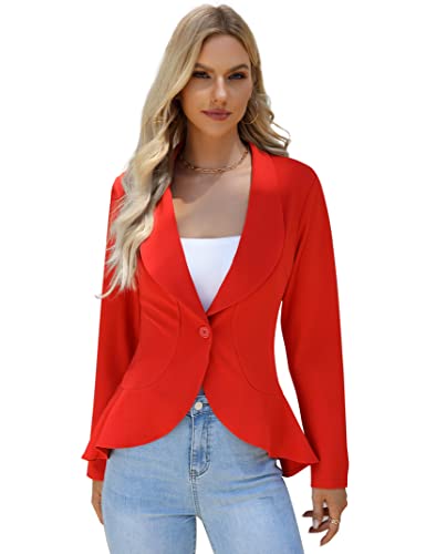 KOJOOIN Damen-Blazer Casual Open Front Cardigan Langarm-Blazer Cardigan Lässiger Arbeits-Blazer Büro-Blazer Anzugjacke Rüschen-Blazer Rot L von KOJOOIN