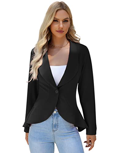 KOJOOIN Damen-Blazer Casual Open Front Cardigan Langarm-Blazer Cardigan Lässiger Arbeits-Blazer Büro-Blazer Anzugjacke Rüschen-Blazer Schwarz L von KOJOOIN