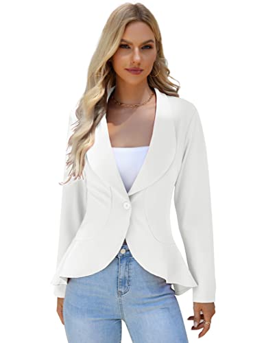 KOJOOIN Damen-Blazer Casual Open Front Cardigan Langarm-Blazer Cardigan Lässiger Arbeits-Blazer Büro-Blazer Anzugjacke Rüschen-Blazer Weiß M von KOJOOIN