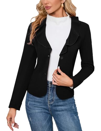 KOJOOIN Damen Blazer Elegant Casual Langarm Blazerjacke Slim Fit Business Revers Blazerjacke Einfarbig Outwear Geschäft Büro Blazer mit Rüschen Schwarz XL von KOJOOIN