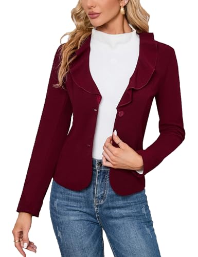 KOJOOIN Damen Blazer Elegant Casual Langarm Blazerjacke Slim Fit Business Revers Blazerjacke Einfarbig Outwear Geschäft Büro Blazer mit Rüschen Weinrot S von KOJOOIN