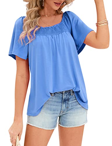 KOJOOIN Damen Bluse Kurzarm Quadratische Ausschnitt Tops gesmoktes Einfarbig Shirt Plissiert Lockere Oberteile Lässig T-Shirt (Verpackung MEHRWEG), C-Hellblau, S von KOJOOIN