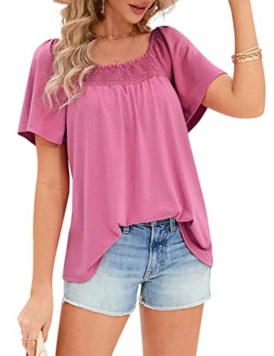 KOJOOIN Damen Bluse Kurzarm Quadratische Ausschnitt Tops gesmoktes Einfarbig Shirt Plissiert Lockere Oberteile Lässig T-Shirt (Verpackung MEHRWEG), C-Rosa, XL von KOJOOIN