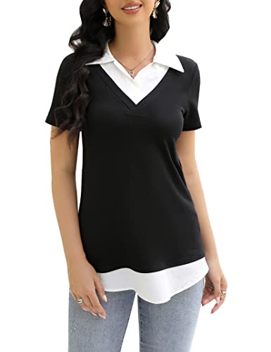 KOJOOIN Damen Bluse Oberteil mit Hemdkragen Kurzarm Farbblock Hemdbluse mit V-Ausschnitt Hemd Schwarz 2 XL von KOJOOIN