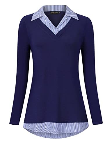 KOJOOIN Damen Bluse Oberteil mit Hemdkragen Langarm Farbblock Hemdbluse V-Ausschnitt Hemd Blau 1 XXL von KOJOOIN