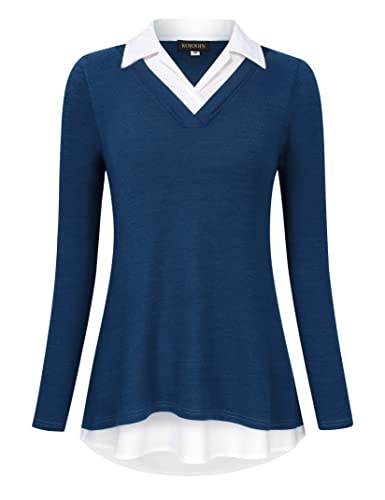 KOJOOIN Damen Bluse Oberteil mit Hemdkragen Langarm Farbblock Hemdbluse V-Ausschnitt Hemd Blau 2 XXL von KOJOOIN
