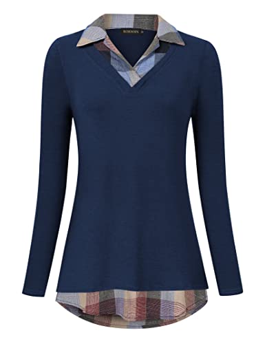 KOJOOIN Damen Bluse Oberteil mit Hemdkragen Langarm Farbblock Hemdbluse V-Ausschnitt Hemd Dunkelblau kariert 1 M von KOJOOIN