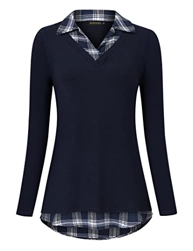 KOJOOIN Damen Bluse Oberteil mit Hemdkragen Langarm Farbblock Hemdbluse V-Ausschnitt Hemd Dunkelblau kariert 2 M von KOJOOIN