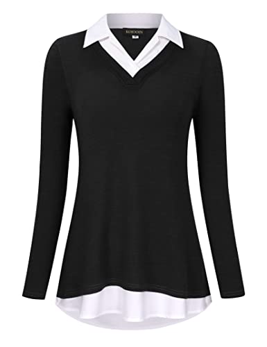 KOJOOIN Damen Bluse Oberteil mit Hemdkragen Langarm Farbblock Hemdbluse V-Ausschnitt Hemd Schwarz 1 XL von KOJOOIN