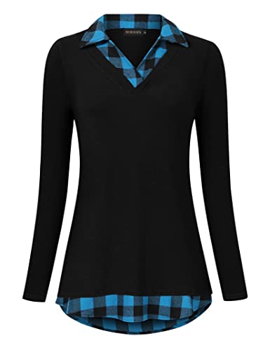 KOJOOIN Damen Bluse Oberteil mit Hemdkragen Langarm Farbblock Hemdbluse V-Ausschnitt Hemd Schwarz kariert 1 XL von KOJOOIN