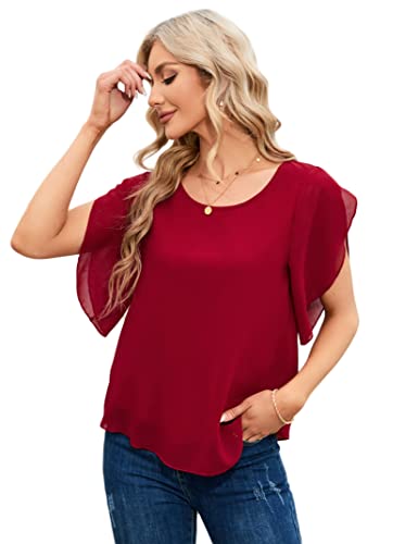 KOJOOIN Damen Bluse geteilten 3/4 Ärmel Hemd Rundausschnitt Tops Einfarbig Shirt Schlitz Chiffonbluse Lockere Oberteile Lässig T-Shirt (Verpackung MEHRWEG), A-Weinrot, XXL von KOJOOIN