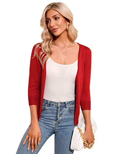 KOJOOIN Damen Bolero 3/4 Ärmel Elegante Schulterjacke Open Front Kurze Strickjacke V - Ausschnitt Casual Cardigan Rot L von KOJOOIN