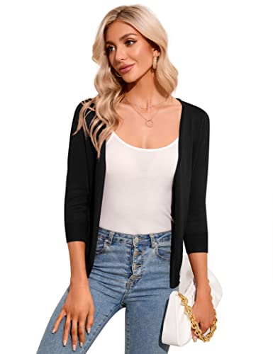 KOJOOIN Damen Bolero 3/4 Ärmel Elegante Schulterjacke Open Front Kurze Strickjacke V - Ausschnitt Casual Cardigan Schwarz L von KOJOOIN