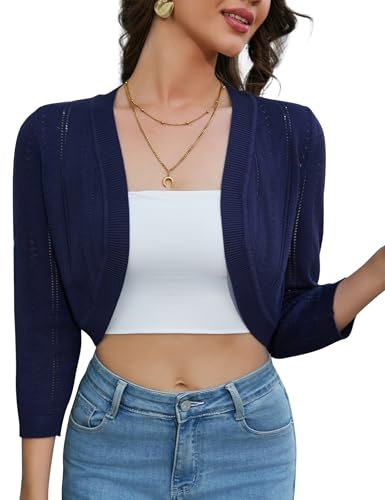 KOJOOIN Damen Bolero 3/4 Ärmel Festliche Bolerojacke Elegant Strickjacke Kurz Cardigan Open Front Schulterjacke Sommer Shrug Oberteile Blau S von KOJOOIN